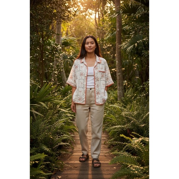 C&C California Tops - C&C California Women Lg 100% Linen Tropical Flamingo Leopard Print Shirt cream